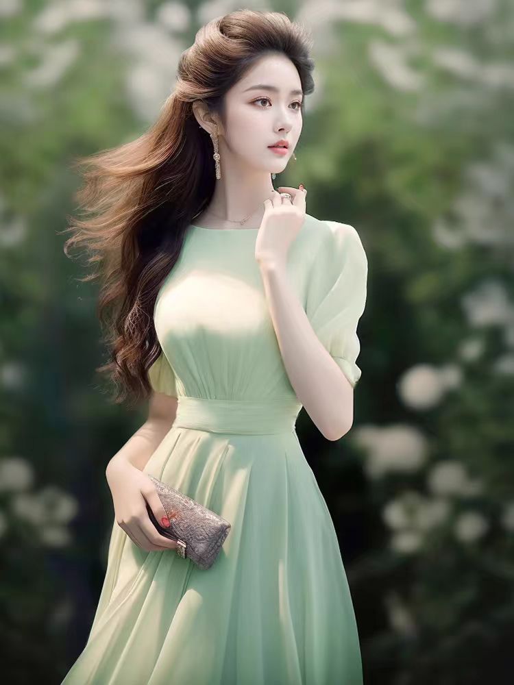 Váy dài ôm sát tinh tế cao cấp FL240245 phong cách Hepburn trắng mùa hè — Màu trắng, Màu xanh lá chi tiết 8