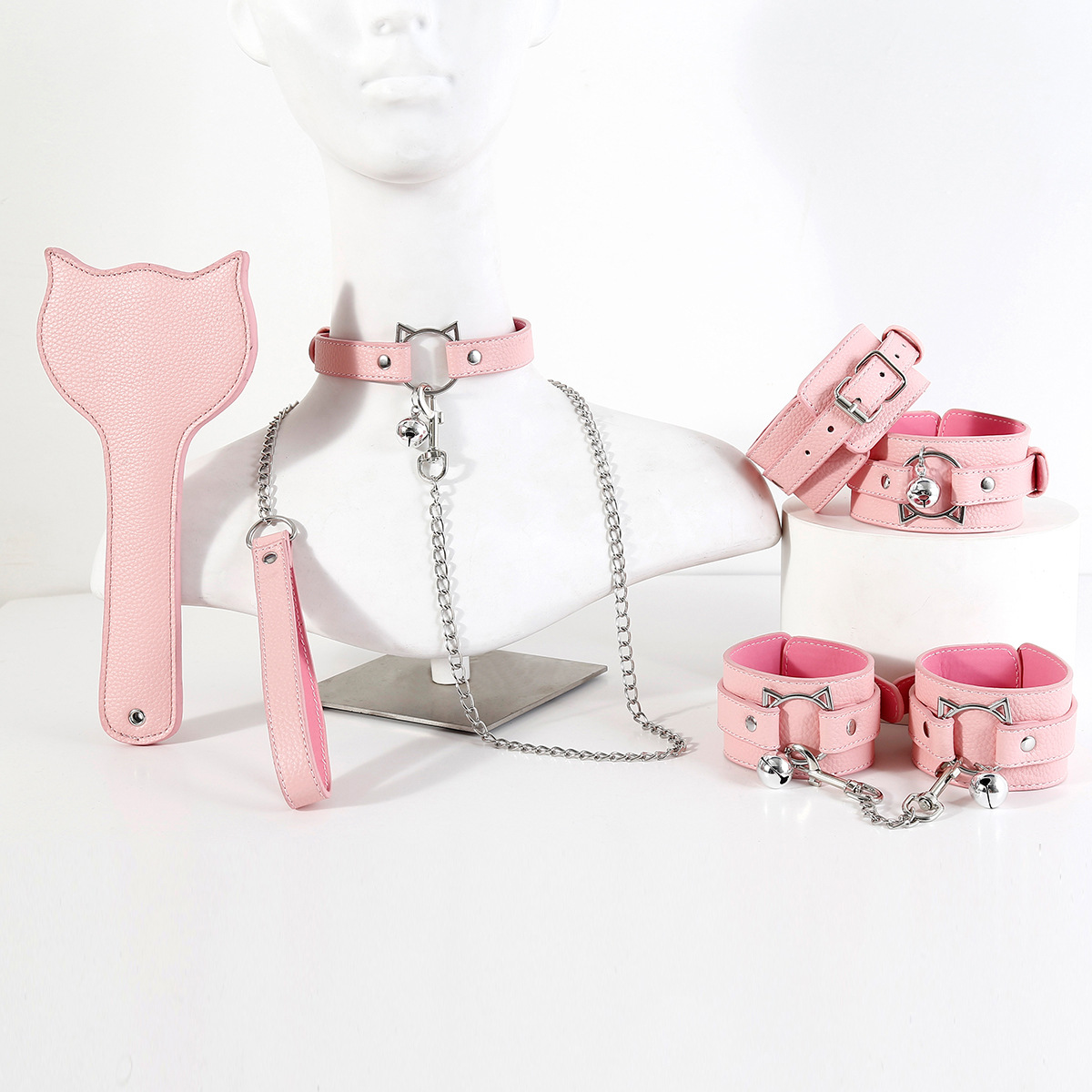 Fabricante directo para el juego de cuero SM color rosa gato cuello esposas esposas SP palmaditas juguetes para hombres y mujeres