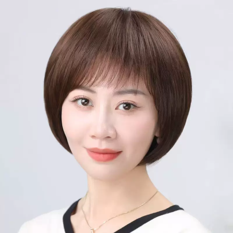 假发女短发女士波波头真人发丝全头套发型中老年妈妈短直发自然款