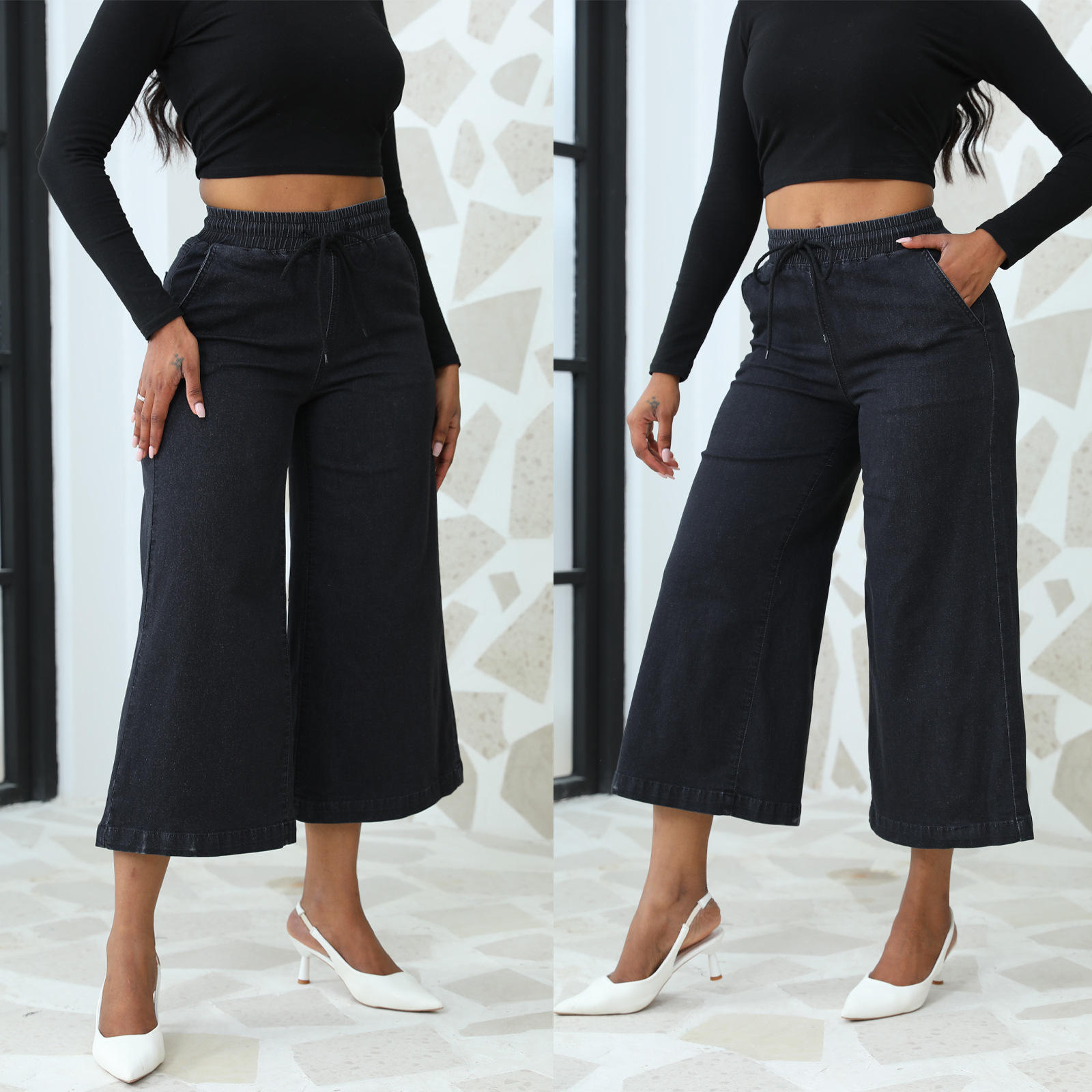 Pantalones vaqueros elásticos de mezclilla con cordones, de pierna recta y ancha, estilo cropped, de moda europea y americana, de alta calidad, para mujer, venta al por mayor, novedad 2026
