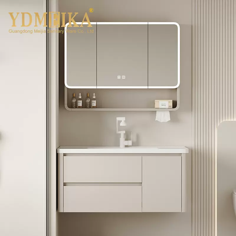 美家卫浴奶油风蜂窝铝浴室柜双抽屉陶瓷一体盆圆弧智能镜柜H086