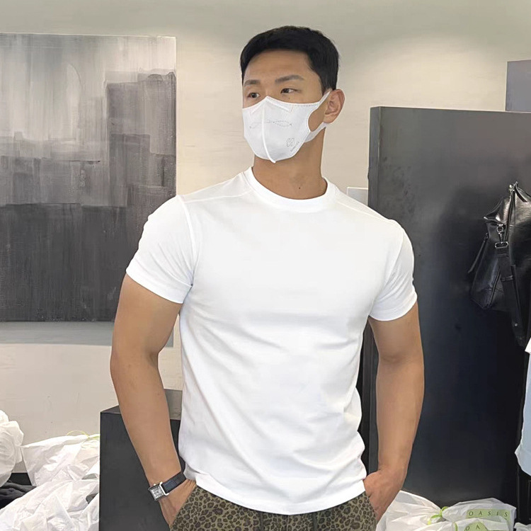 South Korea's Dongdaemun Shoulder Line Design T-Shirt Men's Cool Solona Slim Three-Point Short-Sleeved Small Neckline Bottoming Shirt