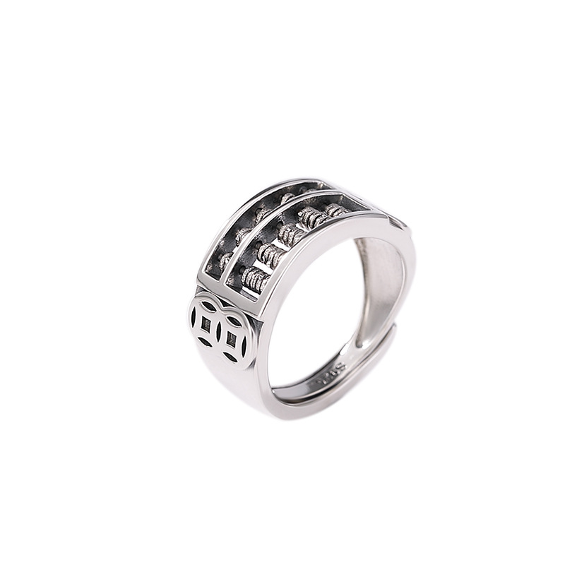 Nhẫn bạc S925 retro hình đồng xu bàn tính rỗng, thiết kế mở cá tính — Khoảng 6 gram