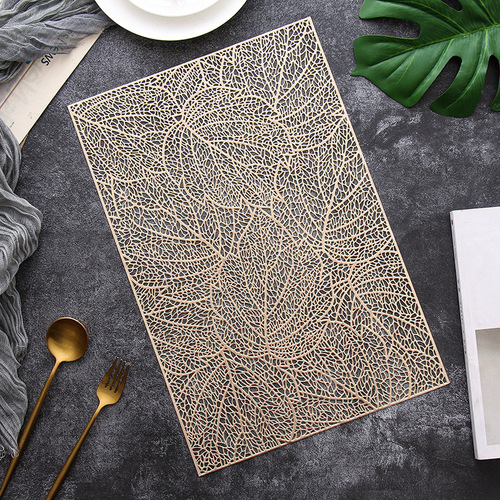 Rectangular Leaf-Shaped PVC Table Mat with Exquisite Gold Foil Embroidery, Nordic Style Dinner Table Mat, Tea Table Mat