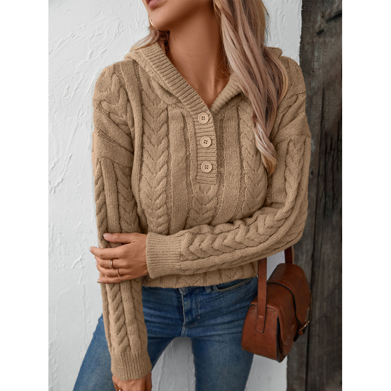 Pull à capuche épais style rétro automne/hiver pour femme avec fermeture boutonnée et maille torsadée_voghion.com