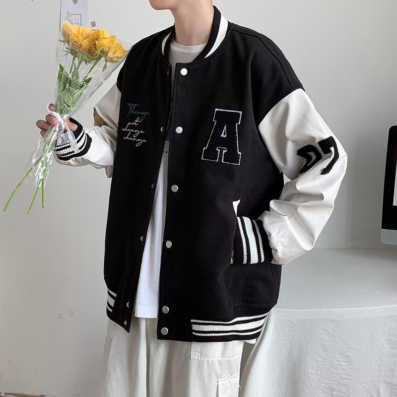 Men's Leather Sleeve Baseball Jacket Retro Casual Style_voghion.com