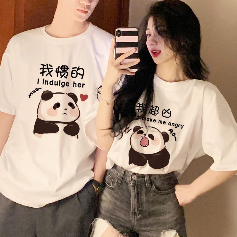 Cute Cartoon Couple Short-Sleeved T-Shirts for Boys and Girls, Spring and Summer New Trendy Brand Design Printed Half-Sleeved T-Shirts