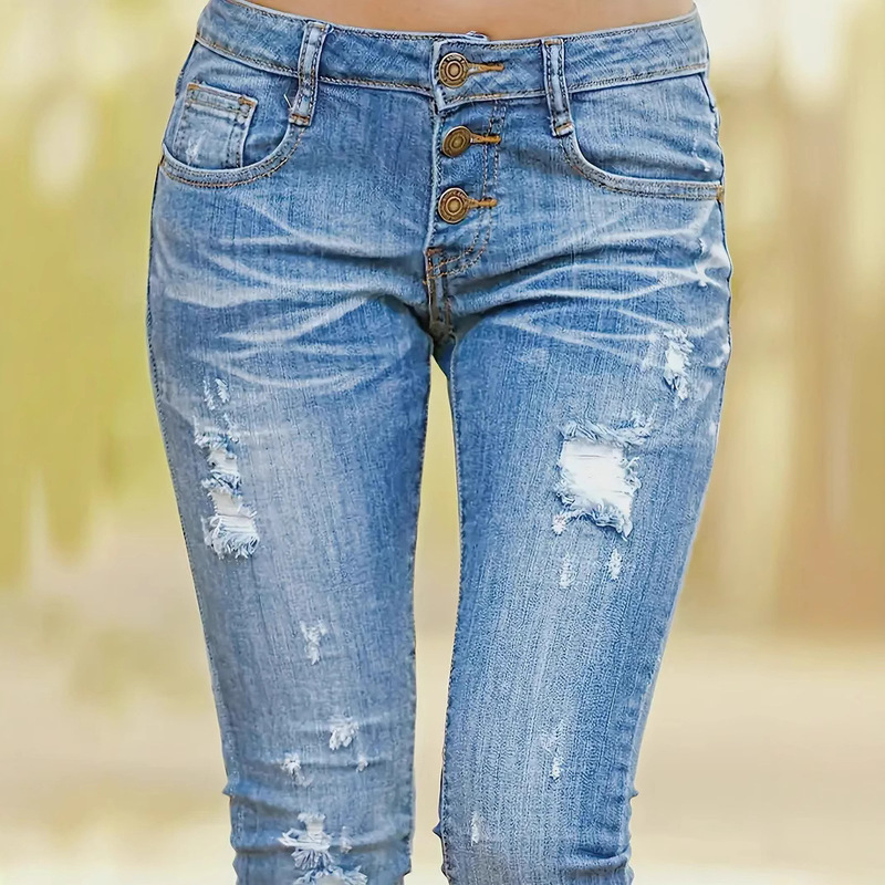 Cross-Border European and American Blue Stretch Denim Bell-Bottom Pants with Holes Amazon Shein Aliexpress Tk Spot Export Trend