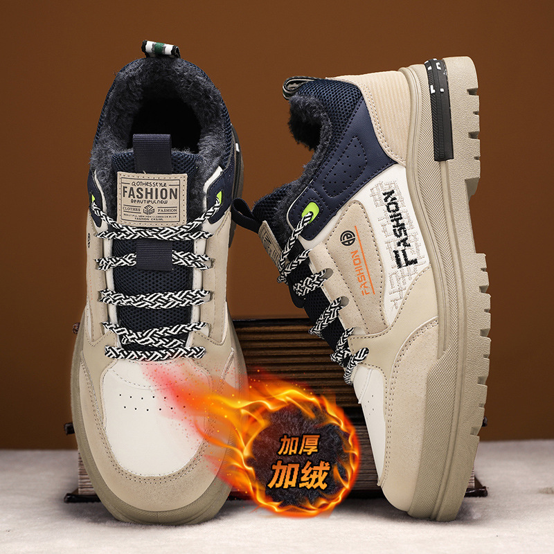 Invierno nuevo estilo más terciopelo zapatos deportivos de corte bajo de cuero cálido suela gruesa realza zapatos casuales de hombre con cordones a juego de color retro