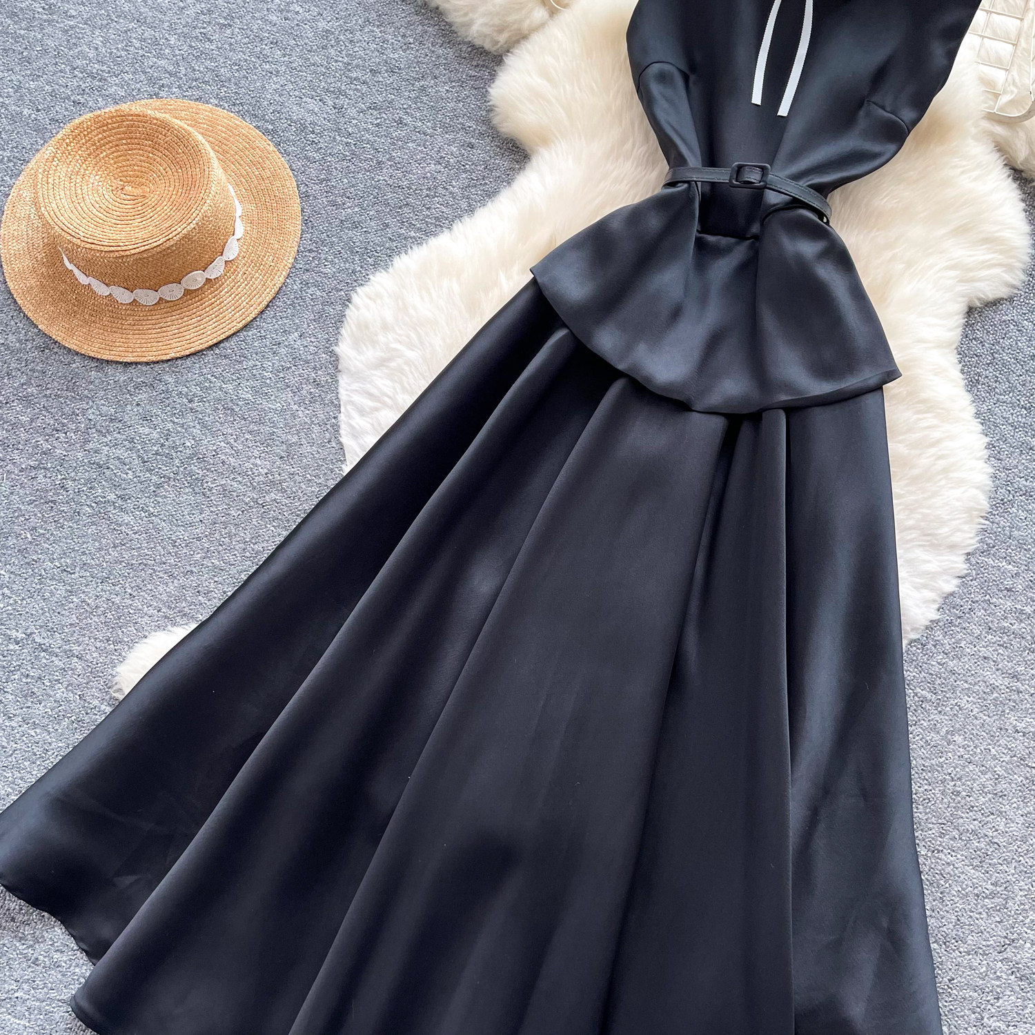 Elegant High-Waisted A-Line Dress Red Lace Peter Pan Collar Summer Commute Suitable Women's Clothing_ecoleips.com