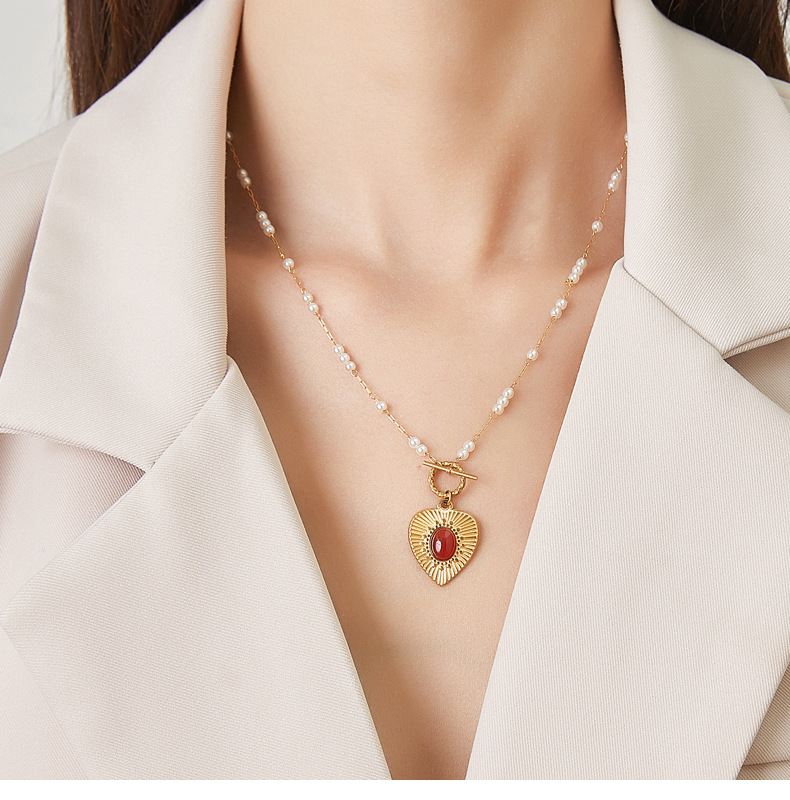 1 Piece Fashion Heart Shape Titanium Steel Plating Inlay Agate Pendant Necklace_colorza_3