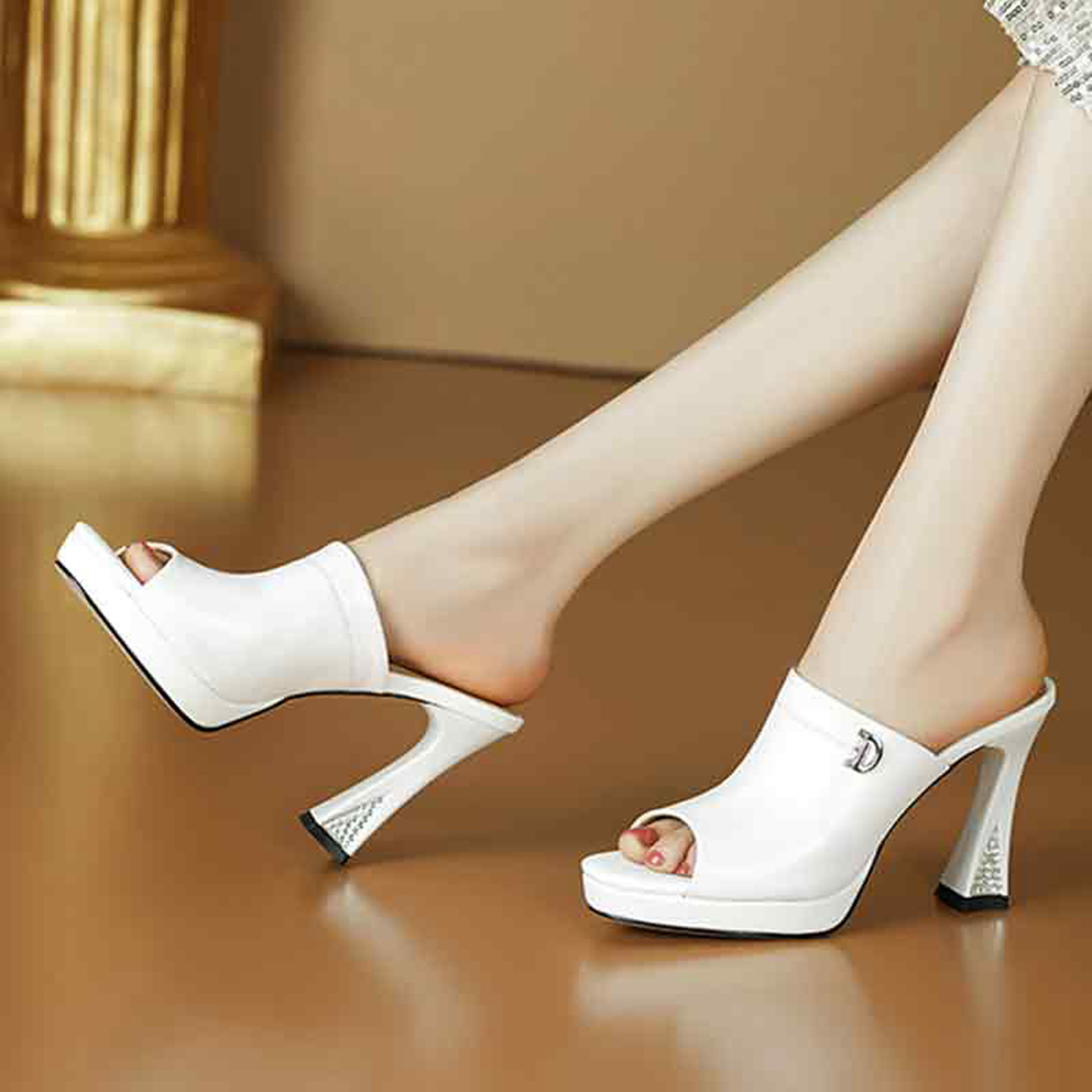 Sandal cao gót nữ quai ngang hở mũi gót 10 cm — đen