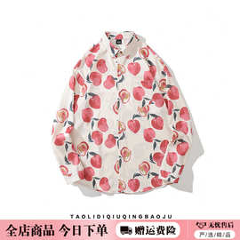 跨境外贸国潮牌粉色蜜桃满印长袖衬衫女秋oversize情侣薄款花衬衣