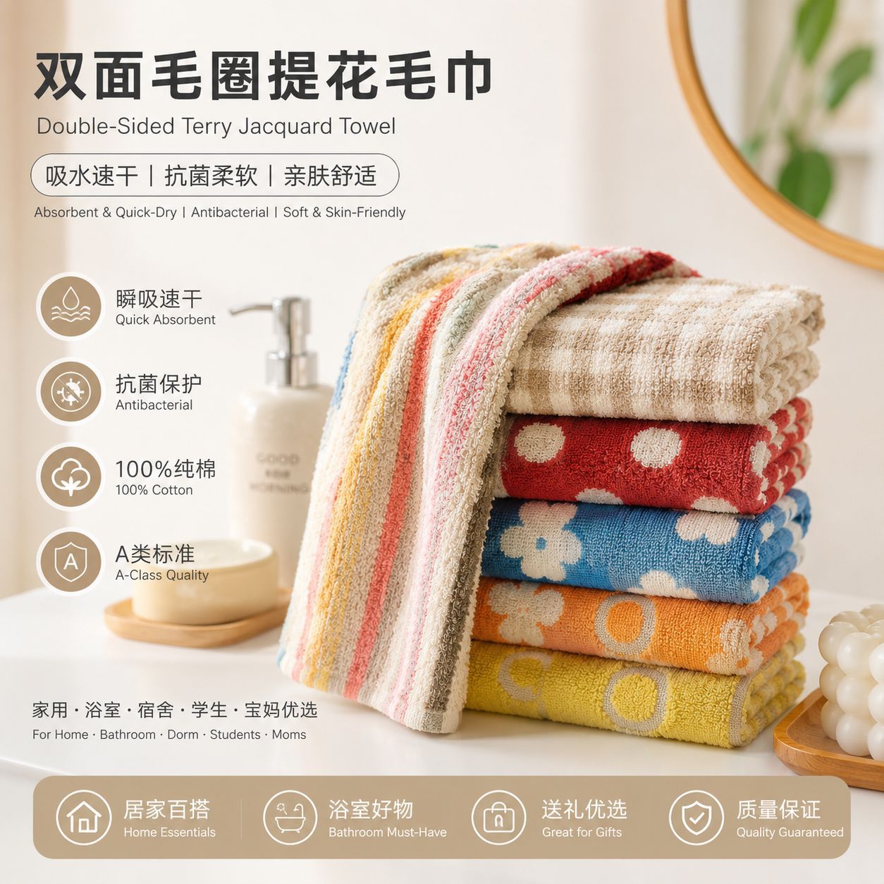 Algodón tipo A toallas jacquard de doble cara absorción antibacteriana secado rápido suave toallas de baño para limpiar la cara al por mayor