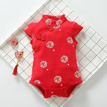 抓周服婴儿连体衣服夏装风三角包屁衣红色喜庆爬服旗袍女宝宝过年