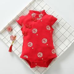 抓周服嬰兒連體衣服夏裝風三角包屁衣紅色喜慶爬服旗袍女寶寶過年