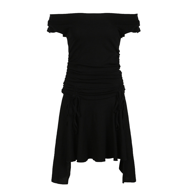 Sexy Drawstring Lace Pleated Waist Tight Slimming Irregular Asymmetric Dress Multiple Wear off the Shoulder Slim Fit