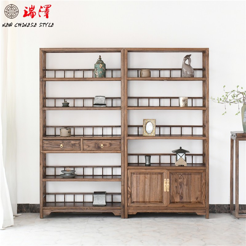 全实木展示架榆木博古架新中式置物架小摆件古董书隔断简约收纳柜