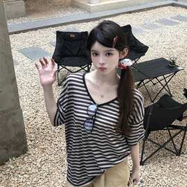 5223# 夏季新款女装 罗纹 条纹拼接韩风百搭上衣宽松潮女