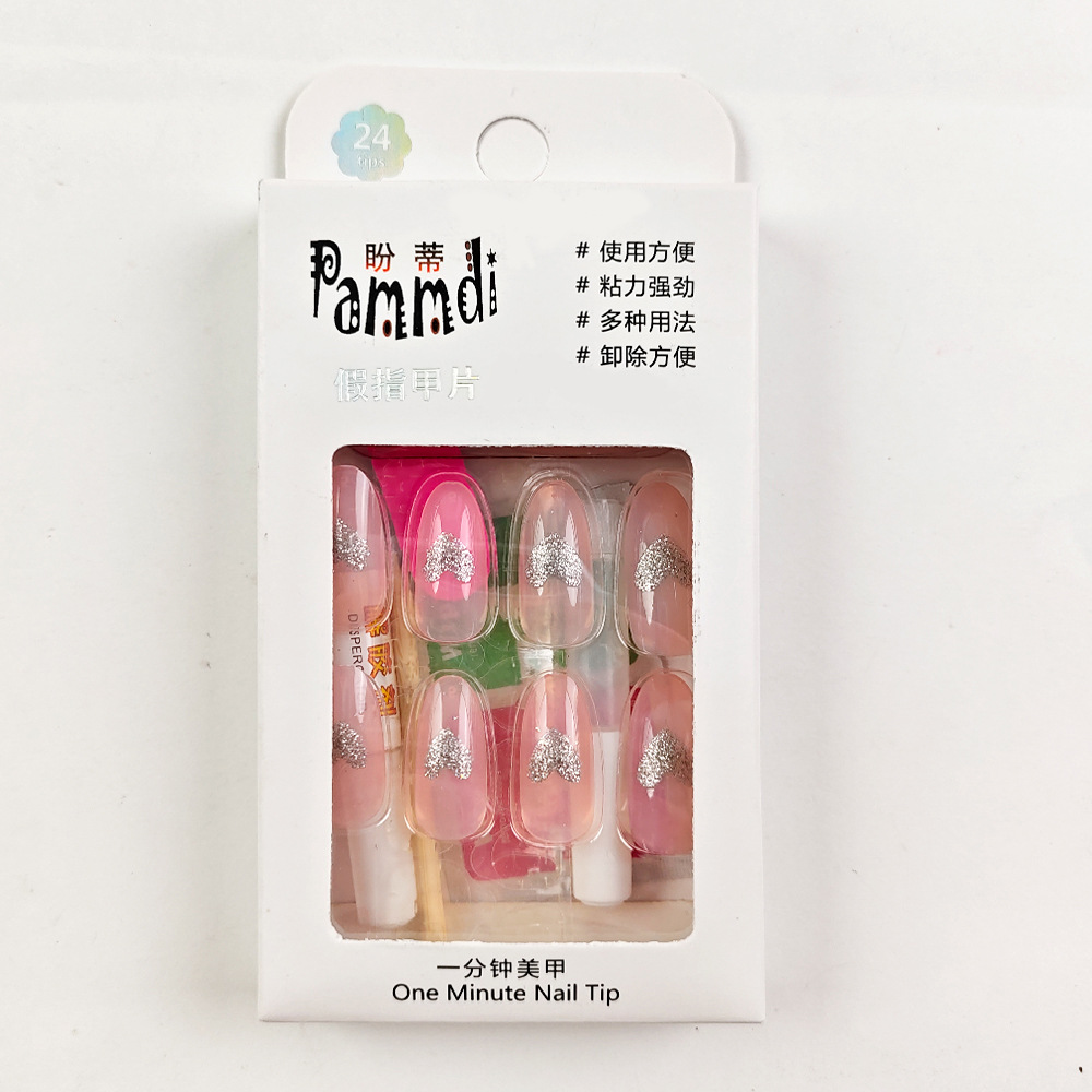 Desnudo polvo de plata brillante amor manicure, uñas de cabeza redonda, suave y dulce viento para usar uñas largas, 24 piezas de parche de uñas falsas