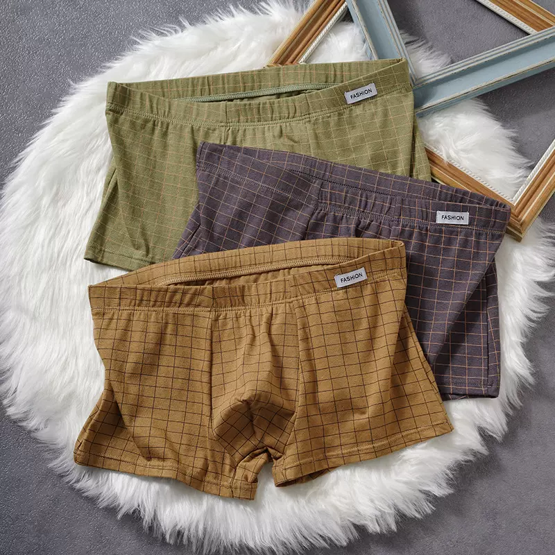 新款男士内裤男纯棉抗菌裆潮流大码格子宽松透气平角裤四角裤衩