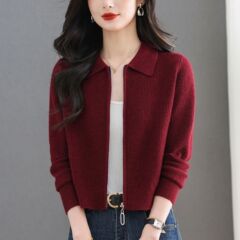 复古酒红翻领针织开衫女 春秋短款显瘦百搭气质长袖通勤毛衣外套