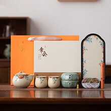 青花汝窑功夫茶具套装开片高档可养手抓茶壶家用办公室礼品盒装