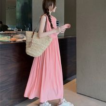粉色甜美连衣裙女装2025夏季小个子无袖宽松套头圆领后系带背心裙