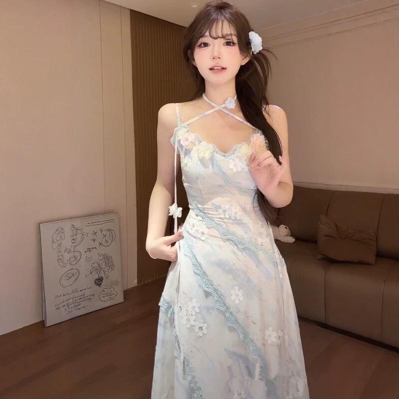 立体的な花のデザインが施された夏の純粋な欲望のドレス、超妖精の甘い女の子のシフォン花柄スカート、スリムでスリムなロングスカート|undefined