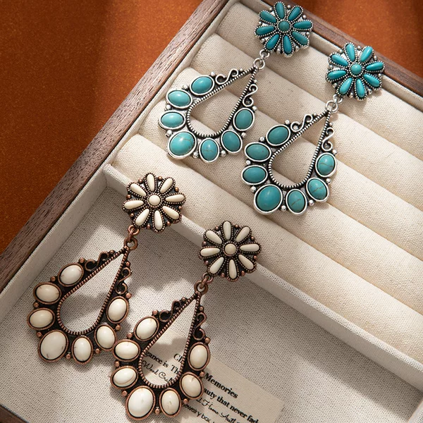 European and American Cross-border Retro Western-style Earrings High-end Hollow-out Turquoise Water Drop Earrings Women's Temperament Exaggerated Ear Jewelry