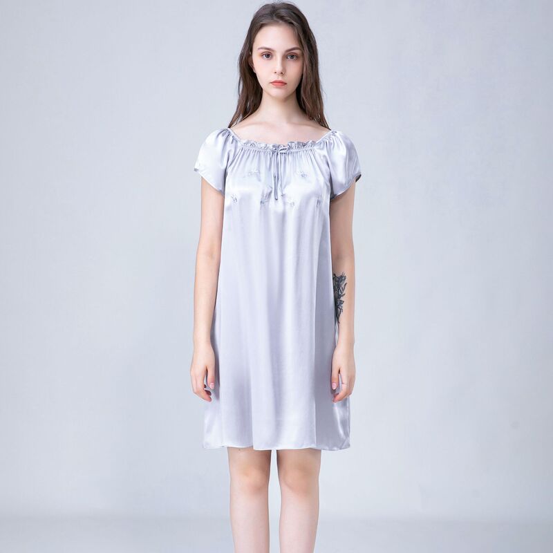 Silk-like Silk Spring and Summer Women's Nightdress Pajamas Doll Dress Home Clothes Casual Loose Printed Satin Chiffon Large Size