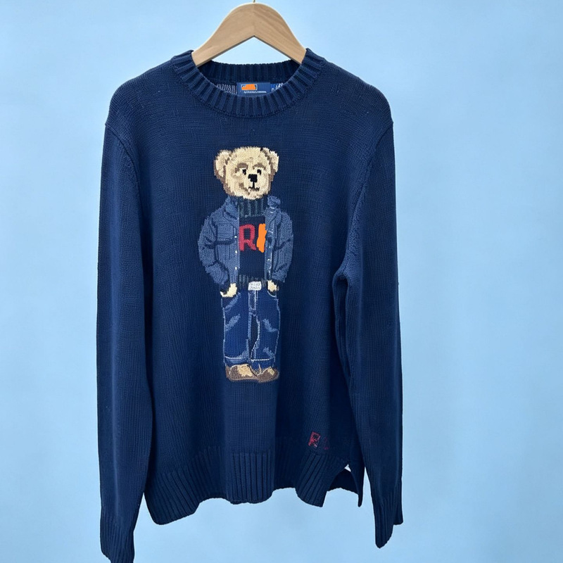 Scanable Qr Code Rl Pure Cotton High-Quality Cross-Border Pony Logo Heavy-Duty Cartoon Embroidery College Style Bear Autumn and Winter Sweater for Women