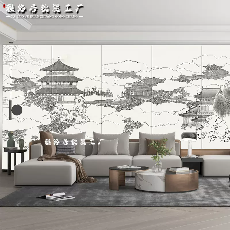 新中式刺绣硬包背景墙高端客厅沙发定制卧室床头护墙板软包