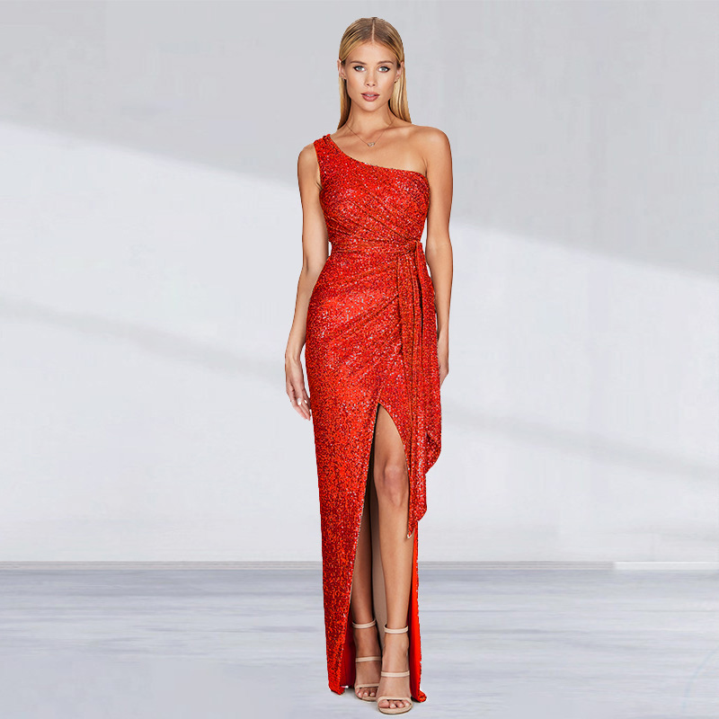 European and American cross-border women's high-grade sleeveless belt split dress Amazon one-shoulder sequined pleated dress