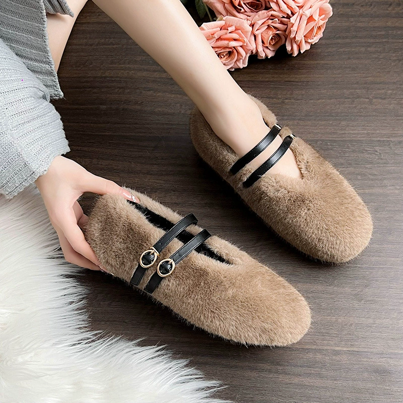 Wool shoes women wear 2024 new flat shallow mink bean bean shoes plus velvet large size women's shoes 41 43