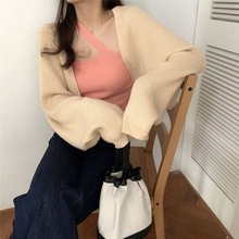 2025春秋季柔软针织开衫休闲短款宽松百搭慵懒风复古灯笼袖女装