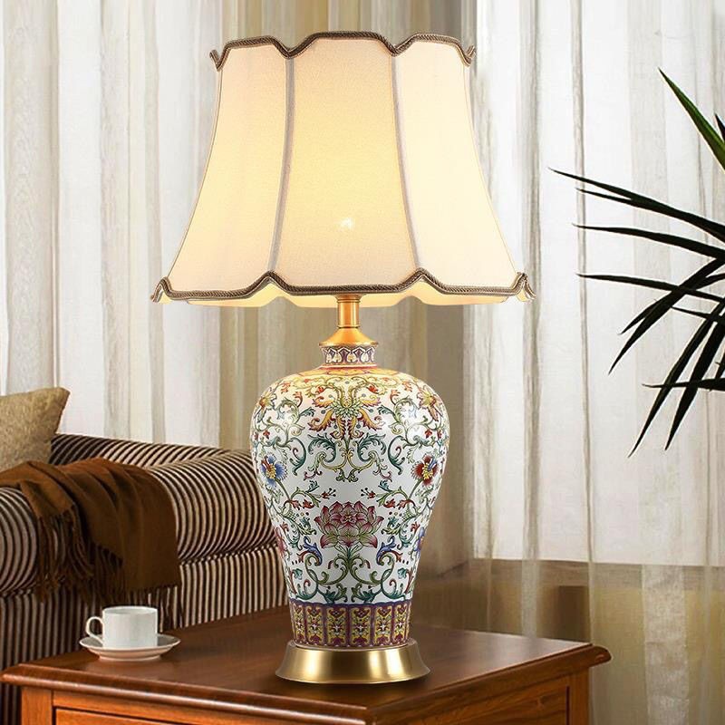 Jingdezhen Copper Natural Color Enamel Ceramic Table Lamp Chinese Retro Lobby Living Room Study Bedroom Bedside Table Lamp