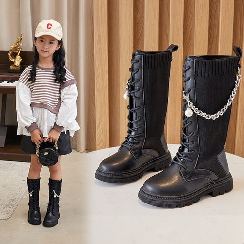 Children's Knitted Stretch Boots Girls' Boots Autumn and Winter Single Boots  New High Boots Princess Shoes Mid-calf Sock Boots