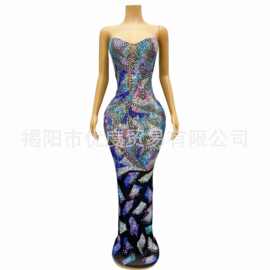 重工手工水钻抹胸演出服女歌手舞台表演服闪亮弹力礼服彩旗不开叉