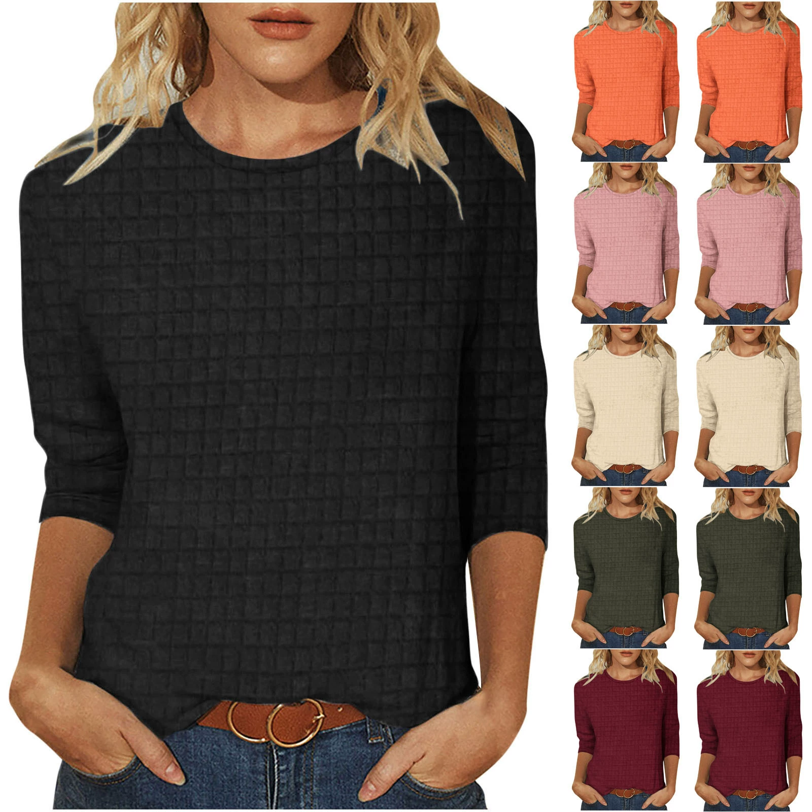 2024 новая женская одежда Amazon, европейский и американский вафельный Повседневный Однотонный женский топ с круглым вырезом и рукавами три четверти