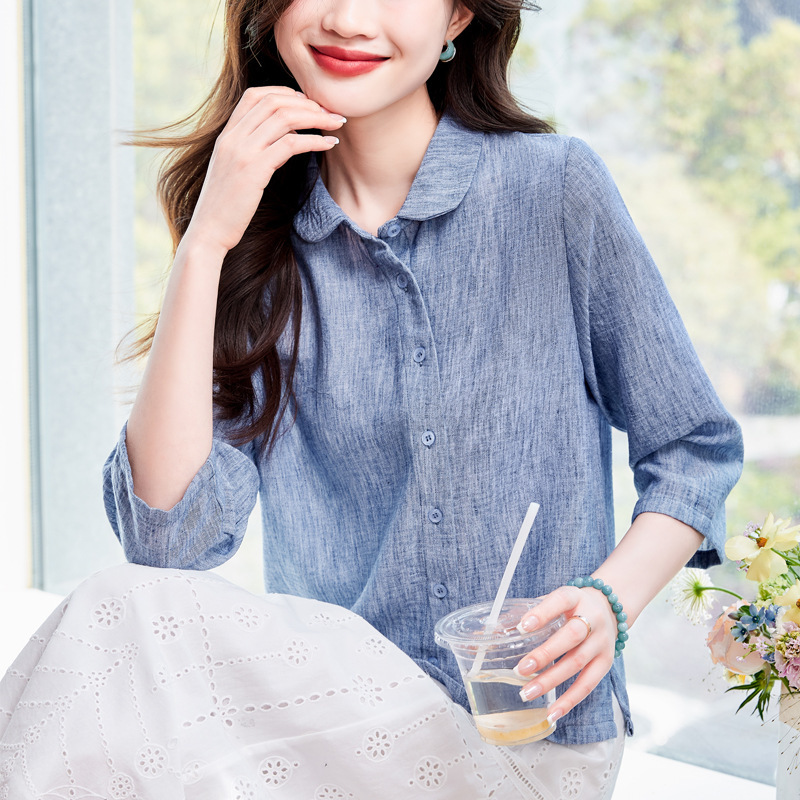 High-end genuine three-quarter sleeve cotton-linen shirt for women, 2026 spring-summer, lightweight, loose, casual, elegant ramie top