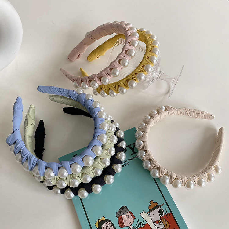 130g Weight Headwear Classification Housewarming, Anniversary, Business, Wedding, Travel, Birthday, Festival Occasion Plaid, Waves Pattern Women'S Gender Fashion Style Beige, Pink, Green, Blue, Yellow, Black Color Korean Winding Pearl Woven Headband Wholesale 6