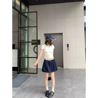 白色polo领正肩短袖T恤女夏季2026新款翻领露脐修身显瘦短款上衣