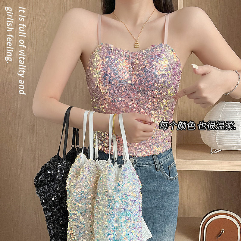 Foreign trade popular fashion hot girl sexy European and American style colorful sequins slim slimming short wrapped chest camisole for women