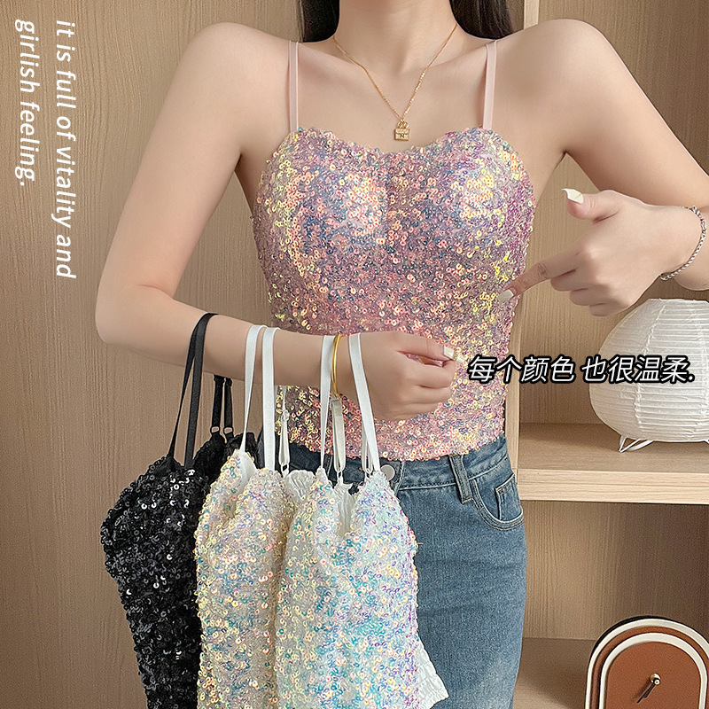 Foreign trade popular fashion hot girl sexy European and American style colorful sequins slim slimming short wrapped chest camisole for women