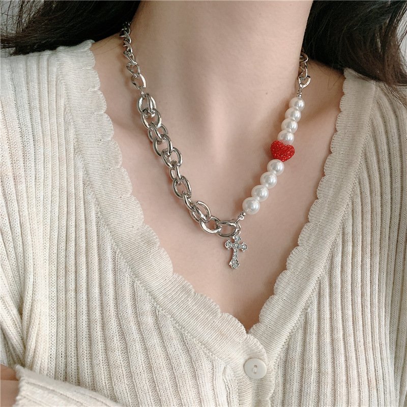 Fashion New Style Simple Cross Red Love Pearl Necklace display picture 10