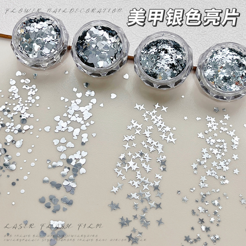 Silver Star Sequin Nail Art Decoration Mixed Size Five-Pointed Star Heart Round Polka Dot Nail Decoration Patch