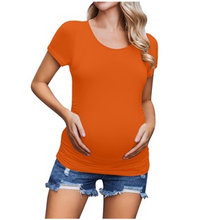 (Large Stock) Spring and Summer Maternity Short-Sleeved Round Neck Pure Color Pleated Short-Sleeved Tops Short-Sleeved Round Neck Tops/Shirts