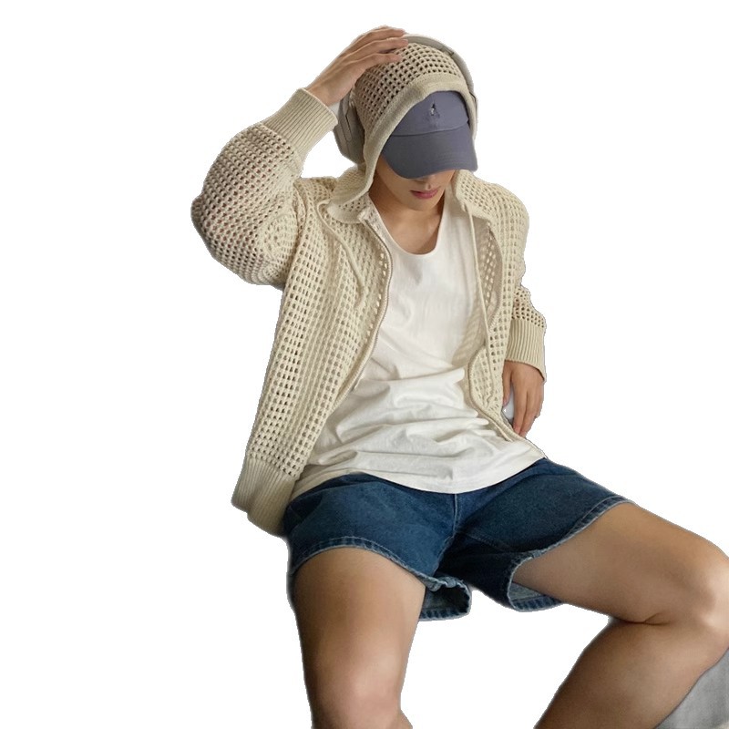 Chaqueta de suéter de punto hueco con capucha, ropa de protección solar transpirable de seda de hielo de verano para hombres, ocio, marea salvaje, comercio exterior transfronterizo al por mayor image 6