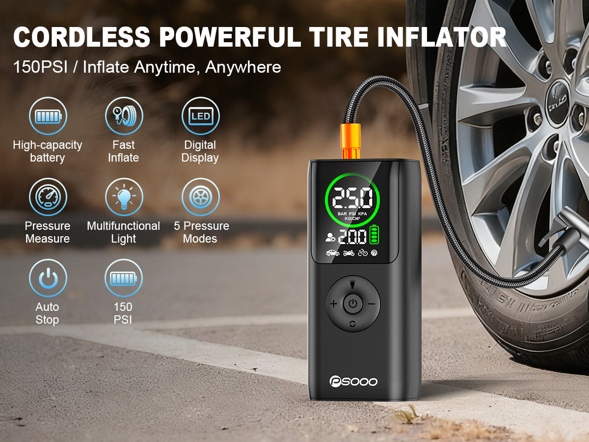 Car-Mounted Handheld Wireless Air Pump for Cars, Electric Vehicles, 12V Battery Cars, with Digital Display, Portable Emergency Tire Inflator